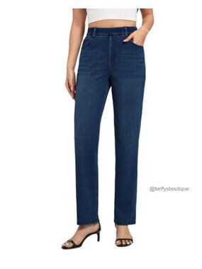 Straight Leg Pull On Jeans High Waisted Stretch Denim Pants
